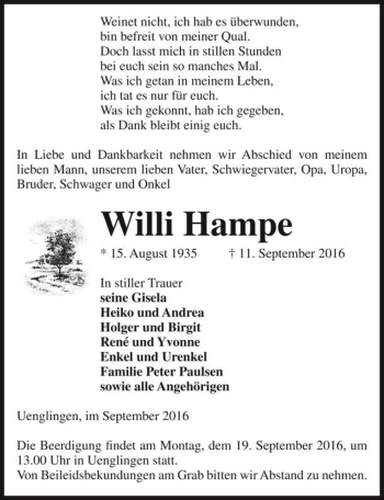 Traueranzeige von Willi Hampe  von Magdeburger Volksstimme