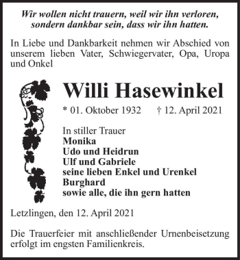 Traueranzeige von Willi Hasewinkel  von Magdeburger Volksstimme