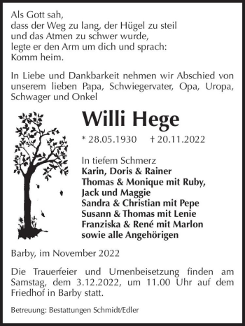 Traueranzeige von Willi Hege  von Magdeburger Volksstimme