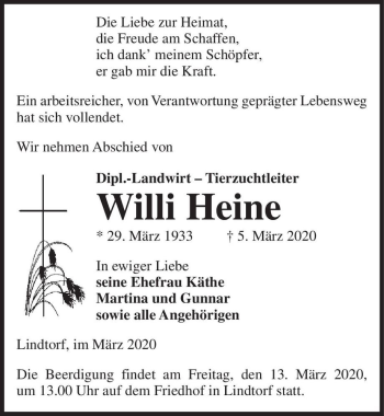 Traueranzeige von Willi Heine  von Magdeburger Volksstimme