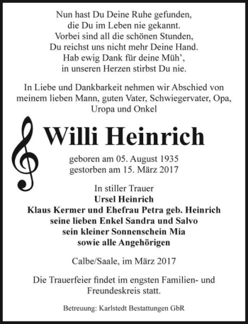 Traueranzeige von Willi Heinrich  von Magdeburger Volksstimme