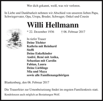 Traueranzeige von Willi Hellmann  von Magdeburger Volksstimme