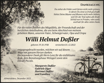 Traueranzeige von Willi Helmut Daßler  von Magdeburger Volksstimme