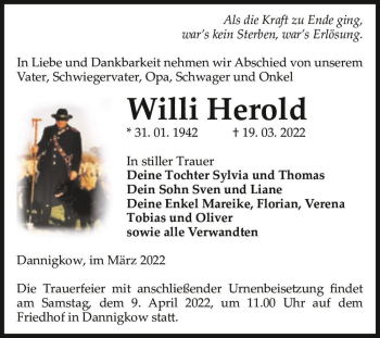Traueranzeige von Willi Herold  von Magdeburger Volksstimme