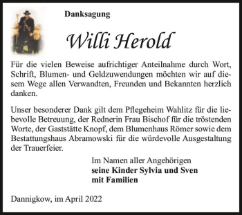 Traueranzeige von Willi Herold  von Magdeburger Volksstimme