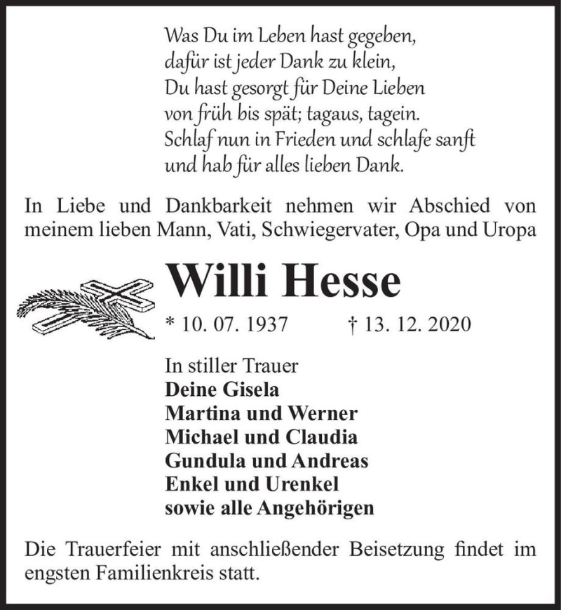  Traueranzeige für Willi Hesse  vom 19.12.2020 aus Magdeburger Volksstimme