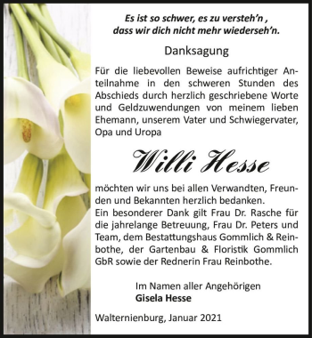 Traueranzeige von Willi Hesse  von Magdeburger Volksstimme