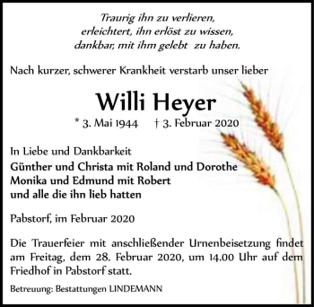 Traueranzeige von Willi Heyer  von Magdeburger Volksstimme