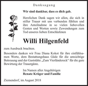 Traueranzeige von Willi Hilgenfeld  von Magdeburger Volksstimme