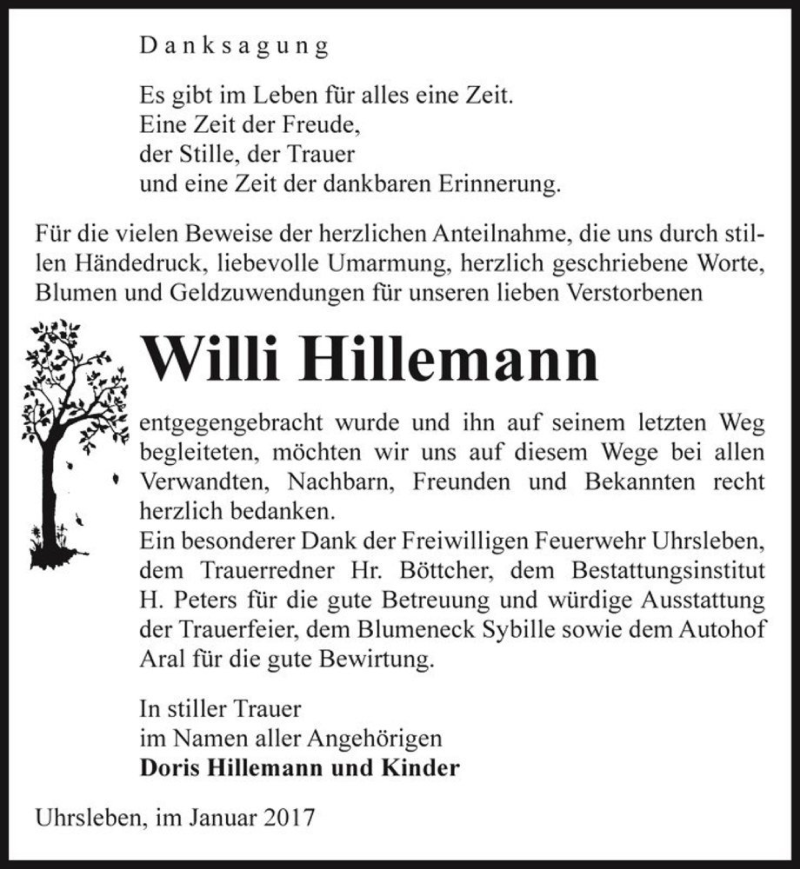  Traueranzeige für Willi Hillemann  vom 18.01.2017 aus Magdeburger Volksstimme