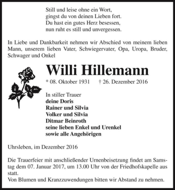 Traueranzeige von Willi Hillemann  von Magdeburger Volksstimme