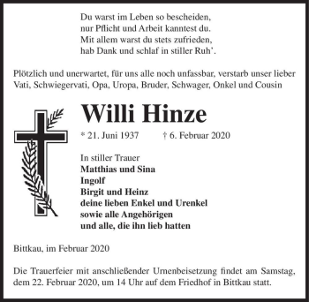 Traueranzeige von Willi Hinze  von Magdeburger Volksstimme