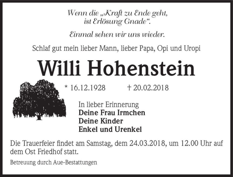  Traueranzeige für Willi Hohenstein  vom 24.02.2018 aus Magdeburger Volksstimme
