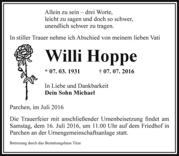 Traueranzeige von Willi Hoppe  von Magdeburger Volksstimme