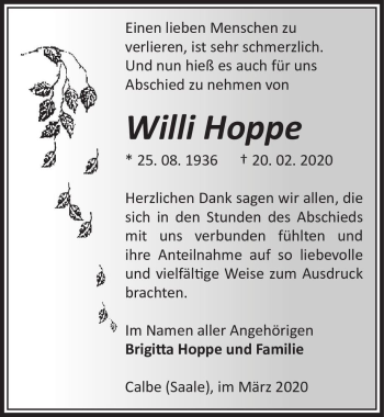 Traueranzeige von Willi Hoppe  von Magdeburger Volksstimme
