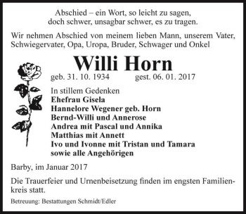 Traueranzeige von Willi Horn  von Magdeburger Volksstimme