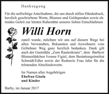Traueranzeige von Willi Horn  von Magdeburger Volksstimme