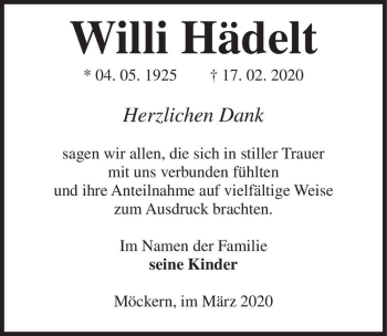 Traueranzeige von Willi Hädelt  von Magdeburger Volksstimme