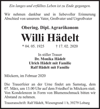 Traueranzeige von Willi Hädelt  von Magdeburger Volksstimme