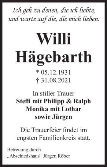 Traueranzeige von Willi Hägebarth  von Magdeburger Volksstimme
