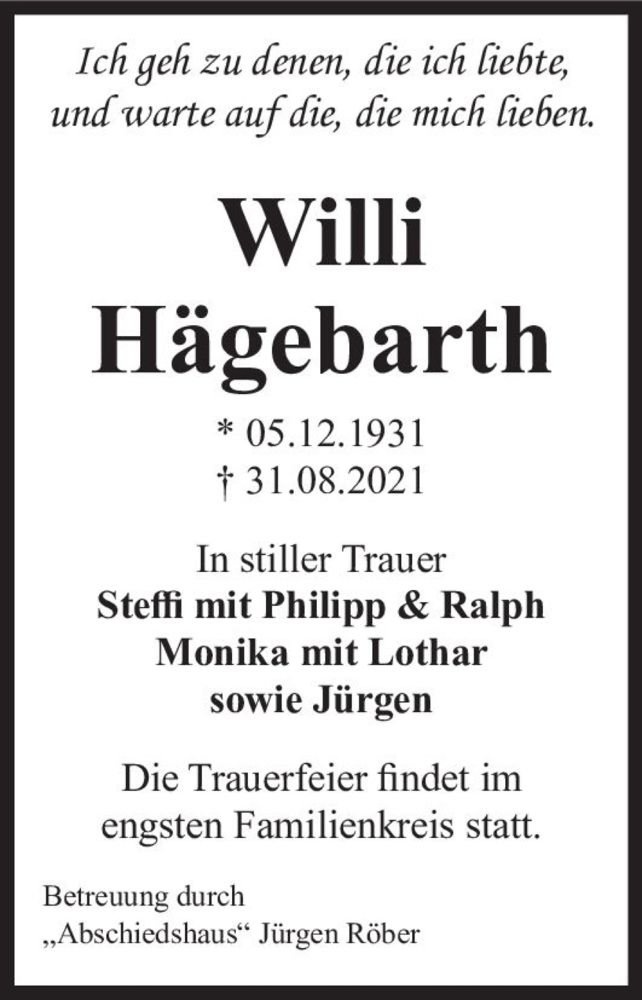  Traueranzeige für Willi Hägebarth  vom 18.09.2021 aus Magdeburger Volksstimme