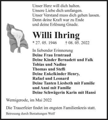 Traueranzeige von Willi Ihring  von Magdeburger Volksstimme