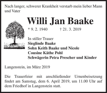 Traueranzeige von Willi Jan Baake  von Magdeburger Volksstimme