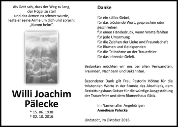 Traueranzeige von Willi Joachim Pälecke  von Magdeburger Volksstimme