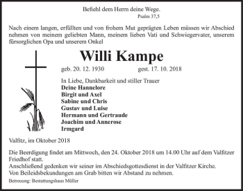 Traueranzeige von Willi Kampe  von Magdeburger Volksstimme