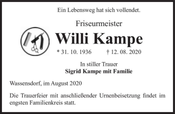 Traueranzeige von Willi Kampe  von Magdeburger Volksstimme