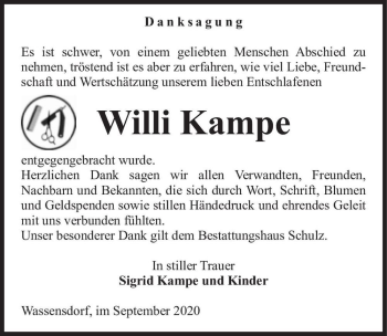 Traueranzeige von Willi Kampe  von Magdeburger Volksstimme