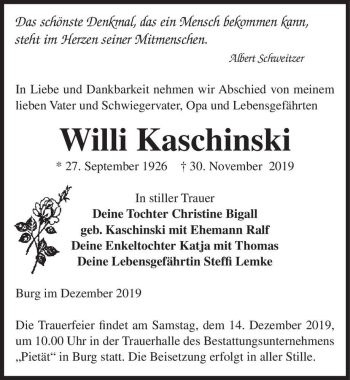 Traueranzeige von Willi Kaschinski  von Magdeburger Volksstimme