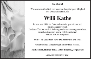 Traueranzeige von Willi Kathe  von Magdeburger Volksstimme