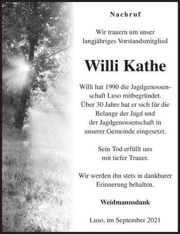 Traueranzeige von Willi Kathe  von Magdeburger Volksstimme