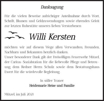 Traueranzeige von Willi Kersten  von Magdeburger Volksstimme
