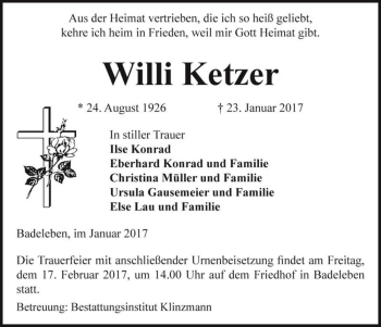 Traueranzeige von Willi Ketzer  von Magdeburger Volksstimme