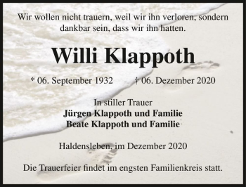 Traueranzeige von Willi Klappoth  von Magdeburger Volksstimme