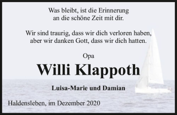 Traueranzeige von Willi Klappoth  von Magdeburger Volksstimme