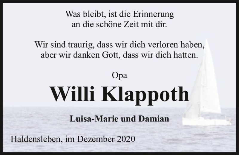  Traueranzeige für Willi Klappoth  vom 16.12.2020 aus Magdeburger Volksstimme