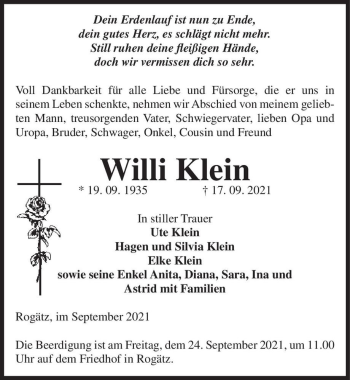 Traueranzeige von Willi Klein  von Magdeburger Volksstimme