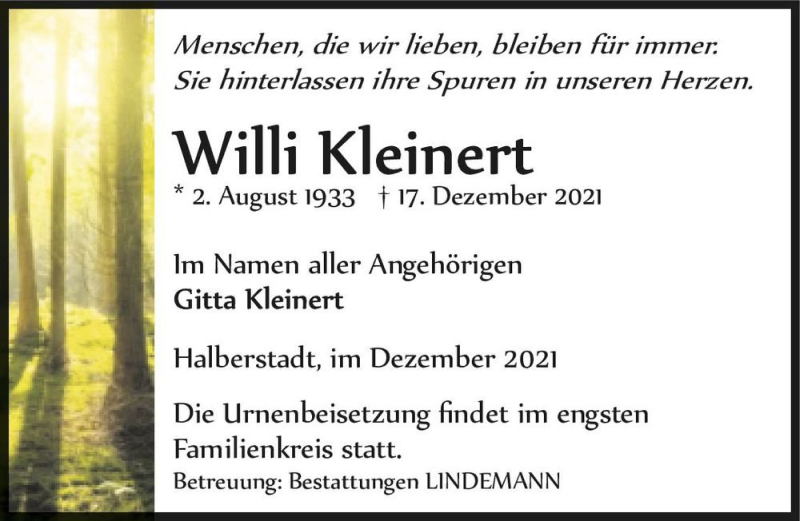  Traueranzeige für Willi Kleinert  vom 24.12.2021 aus Magdeburger Volksstimme