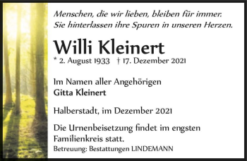 Traueranzeige von Willi Kleinert  von Magdeburger Volksstimme