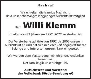Traueranzeige von Willi Klemm  von Magdeburger Volksstimme