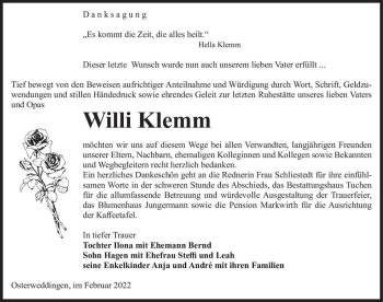 Traueranzeige von Willi Klemm  von Magdeburger Volksstimme