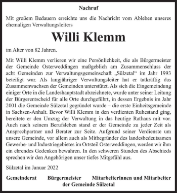Traueranzeige von Willi Klemm  von Magdeburger Volksstimme
