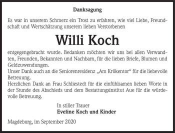 Traueranzeige von Willi Koch  von Magdeburger Volksstimme