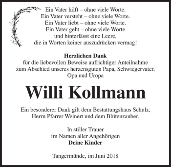 Traueranzeige von Willi Kollmann  von Magdeburger Volksstimme