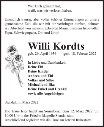 Traueranzeige von Willi Kordts  von Magdeburger Volksstimme