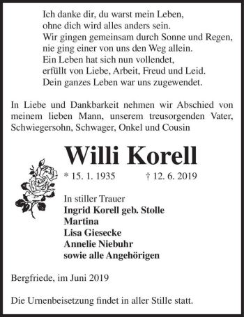 Traueranzeige von Willi Korell  von Magdeburger Volksstimme