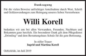 Traueranzeige von Willi Korell  von Magdeburger Volksstimme